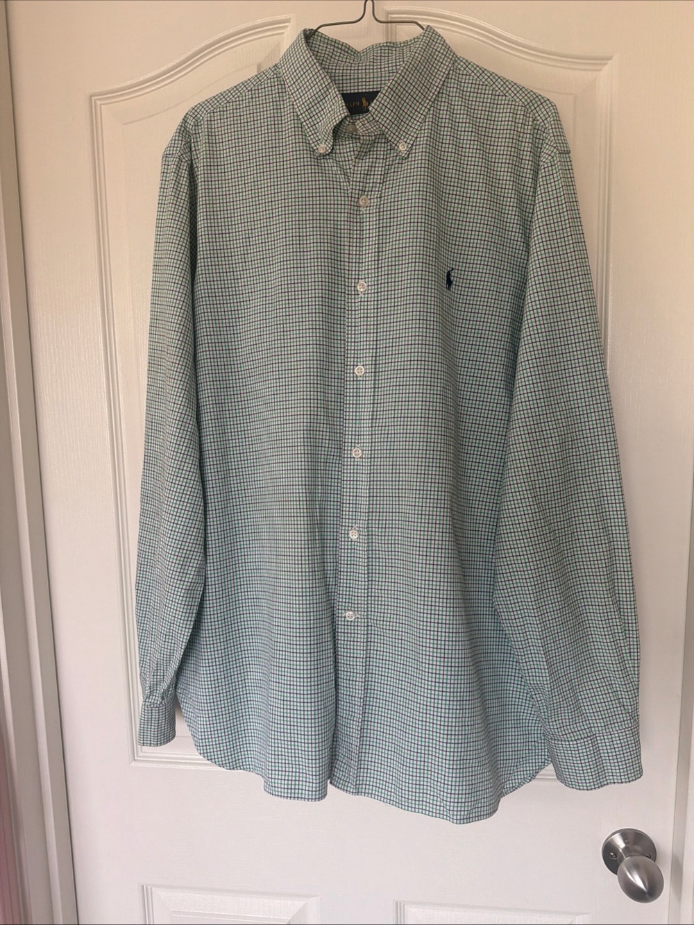 Ralph Lauren Men’s Button Down Shirt White Green Blue Plaid Cotton 16.5